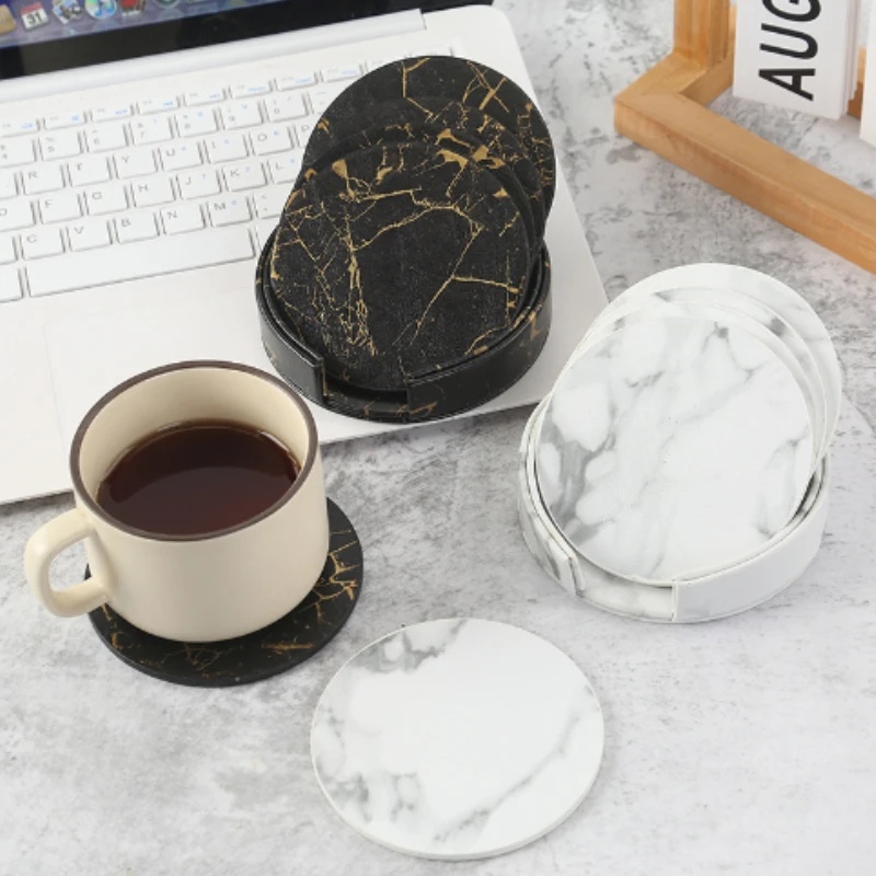 Marble Coaster Set - 6 peças porta-copos de mármore couro